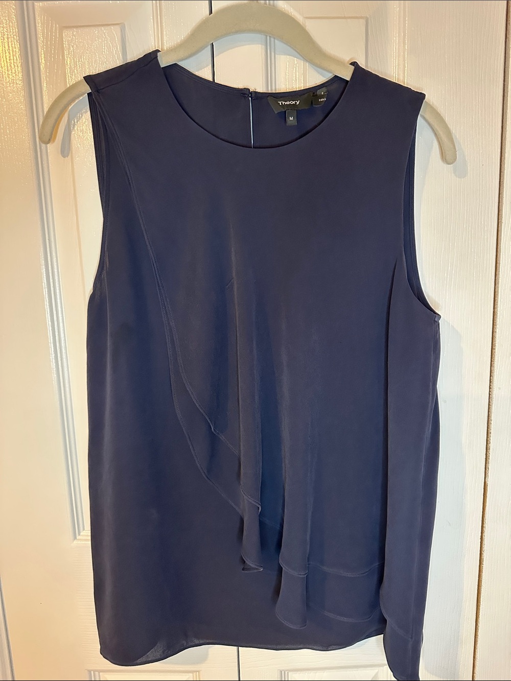 Theory Navy Sleeveless Ruffle-Front Blouse | M